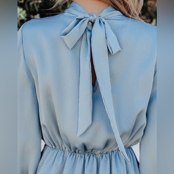 Call Me Angel Textured Satin Dress in Dusty Blue - Picture 3 of 11